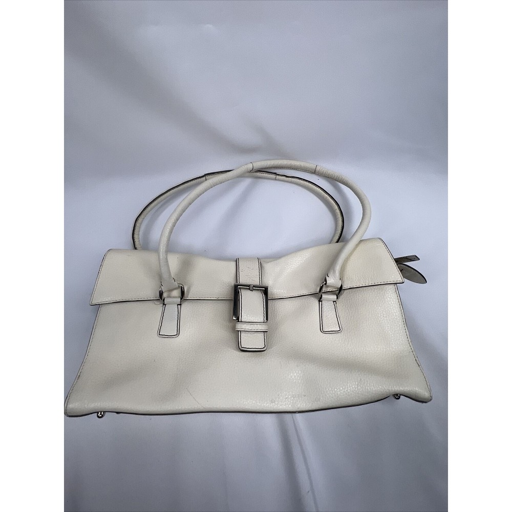 BCBG Cream Beige Purse Shoulder Bag Buckle Accent 3 Compartment Leather